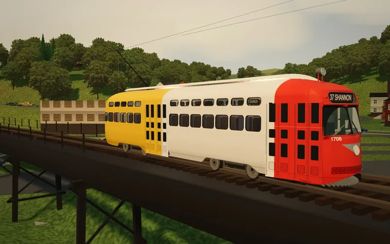 PCC 1706 with a red front, white middle and yellow rear