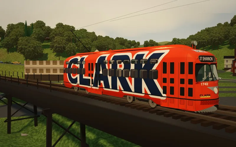 PCC 1742 painted orange with CLARK in large blue letters
