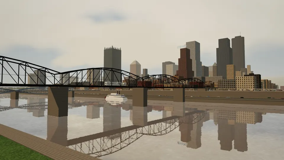 The black trusses of the Panhandle Bridge over the Monongahela with the downtown towers behind