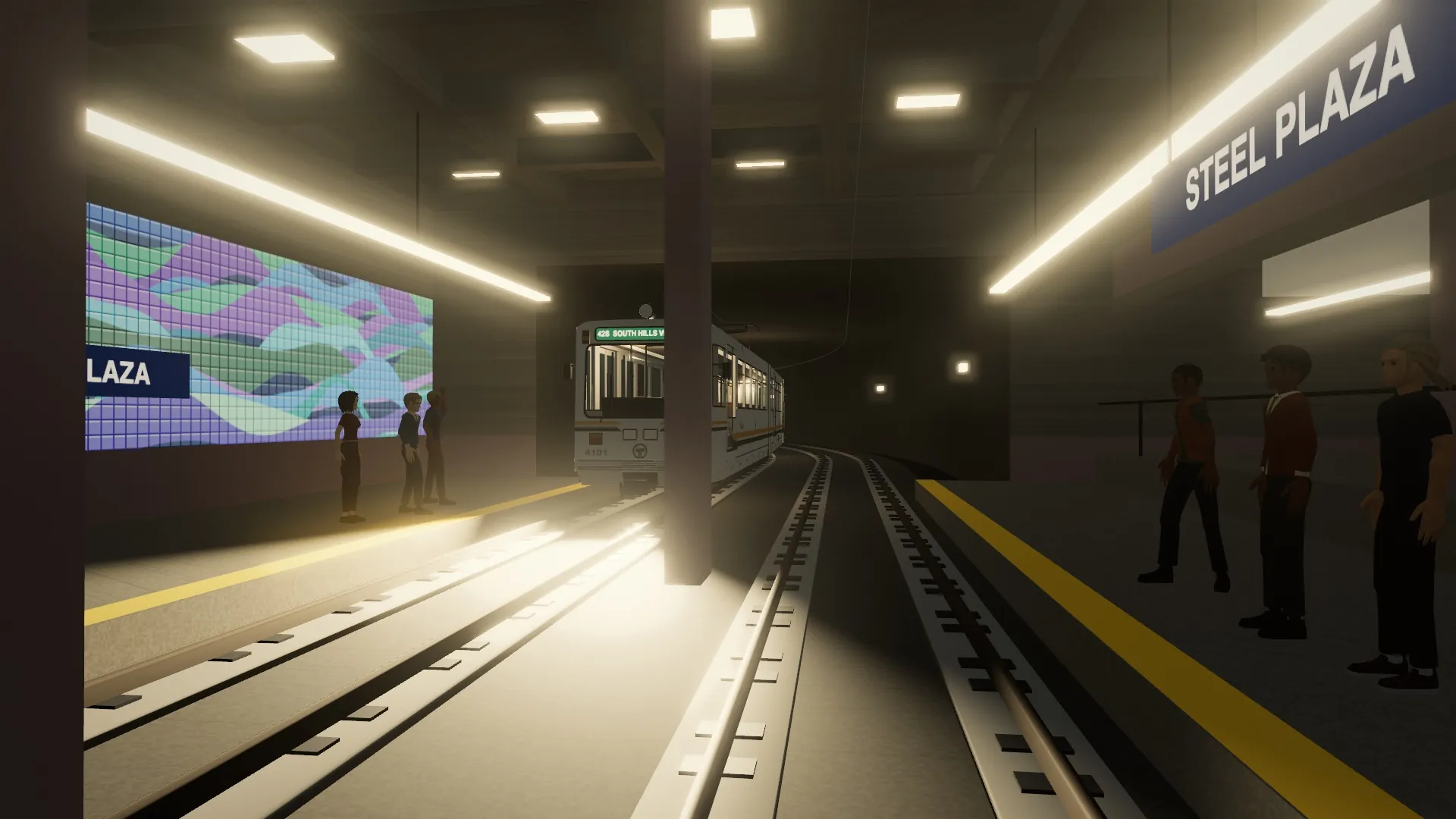A Siemens SD-400 light rail car arriving at Steel Plaza station under downtown, riders waiting on the platform